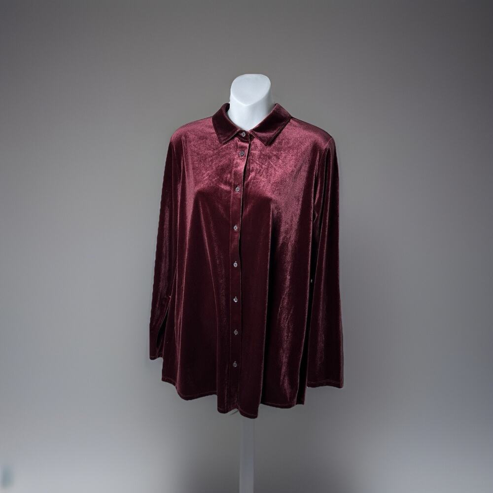 Vintage Lands End Velvet Burgundy Button Front Tunic Women M 10-12 Stretch Comfy